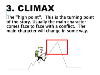 3. CLIMAX
The “high point”. This is the turning point
of the story. Usually the main character
comes face to face with a conflict. The
main character will change in some way.
 