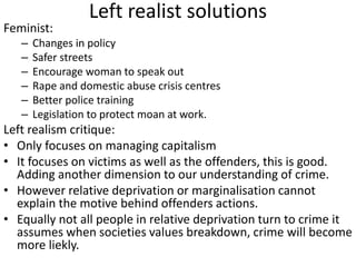 Left realist solutions 
Feminist: 
– Changes in policy 
– Safer streets 
– Encourage woman to speak out 
– Rape and domestic abuse crisis centres 
– Better police training 
– Legislation to protect moan at work. 
Left realism critique: 
• Only focuses on managing capitalism 
• It focuses on victims as well as the offenders, this is good. 
Adding another dimension to our understanding of crime. 
• However relative deprivation or marginalisation cannot 
explain the motive behind offenders actions. 
• Equally not all people in relative deprivation turn to crime it 
assumes when societies values breakdown, crime will become 
more liekly. 
 