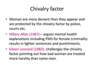 Chivalry factor 
• Woman are more deviant than they appear and 
are protected by the chivalry factor by police, 
courts etc. 
• Hillary Allen (1987) – argues mental health 
explanations including PMS for female criminality 
results in lighter sentences and punishments. 
• Eileen Leonard (1982)- challenges the chivalry 
factor pointing out how bad woman are treated 
more harshly than some men. 
 