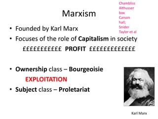 Marxism 
Chambliss 
Althusser 
box 
Carson 
hall; 
Snider 
Taylor et al 
• Founded by Karl Marx 
• Focuses of the role of Capitalism in society 
£££££££££££ PROFIT £££££££££££££ 
• Ownership class – Bourgeoisie 
EXPLOITATION 
• Subject class – Proletariat 
Karl Marx 
 