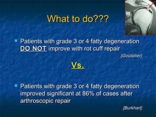 What to do???What to do???
 Patients with grade 3 or 4 fatty degenerationPatients with grade 3 or 4 fatty degeneration
DO NOTDO NOT improve with rot cuff repairimprove with rot cuff repair
[Goutallier][Goutallier]
Vs.Vs.
 Patients with grade 3 or 4 fatty degenerationPatients with grade 3 or 4 fatty degeneration
improved significant at 86% of cases afterimproved significant at 86% of cases after
arthroscopic repairarthroscopic repair
[Burkhart][Burkhart]
 