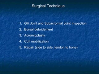 Surgical Technique
1. GH Joint and Subacromial Joint Inspection
2. Bursal debridement
3. Acromioplasty
4. Cuff mobilization
5. Repair (side to side, tendon to bone)
 