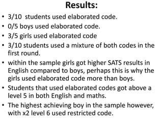Results: 
• 3/10 students used elaborated code. 
• 0/5 boys used elaborated code. 
• 3/5 girls used elaborated code 
• 3/10 students used a mixture of both codes in the 
first round. 
• within the sample girls got higher SATS results in 
English compared to boys, perhaps this is why the 
girls used elaborated code more than boys. 
• Students that used elaborated codes got above a 
level 5 in both English and maths. 
• The highest achieving boy in the sample however, 
with x2 level 6 used restricted code. 
 