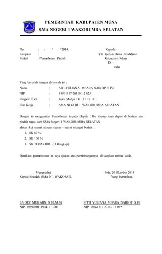 PEMERINTAH KABUPATEN MUNA 
SMA NEGERI 1 WAKORUMBA SELATAN 
No : / / / 2014. 
Lampiran : 
Perihal : Permohonan Pindah 
Kepada 
Yth. Kepala Dinas Pendidikan 
Kabupaten Muna 
Di – 
Raha 
Yang bertanda tangan di bawah ini : 
Nama : SITI YULIANA MBARA SAIKOP, S.Pd 
NIP : 19861117 201101 2 025 
Pangkat / Gol : Guru Madya TK. 1 / III/ B 
Unit Kerja : SMA NEGERI 1 WAKORUMBA SELATAN 
Dengan ini mengajukan Permohonan kepada Bapak / Ibu kiranya saya dapat di berikan izin 
pindah tugas dari SMA Negeri 1 WAKORUMBA SELATAN 
alasan ikut suami adapun syarat – syarat sebagai berikut : 
1. SK 80 % 
2. SK 100 % 
3. SK TERAKHIR ( 1 Rangkap) 
Demikian permohonan ini saya ajukan atas pertimbangannya di ucapkan terima kasih. 
Mengetahui Pola, 20 Oktober 2014 
Kepala Sekolah SMA N 1 WAKORSEL Yang bermohon, 
LA ODE MUKMIN, S.Pd,M.Pd SITTI YULIANA MBARA SAIKOP, S.Pd 
NIP. 19690501 199412 1 003 NIP. 19861117 201101 2 025 
