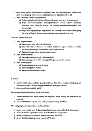 1. Najis pada bahasa ialah benda-benda kotor dan jijik,manakala najis pada istilah
      ialah kotoran yang menyebabkan tidak sah sesuatu ibadat seperti solat.
   2. Najis terbahagi kepada tiga jenis iaitu:
          a) Najis mughallazah(najis berat),iaitu anjing dan babi serta keturunannya.
          b) Najis mutawassitah(najis pertengahan),iaitu semua kotoran daripada
              binatang dan manusia seperti air kencing,nanah,darah,bangkai dan
              sebagainya.
          c) Majis mukhaffafah(najis ringan)iaitu air kencing kanak-kanak lelaki yang
              berumur di bawah dua tahun yang hanya minum susu ibunya saja.

Cara-cara menyucikan najis

   1. Najis mughallazah :
         a) Buang najis yang ada terlebih dahulu.
         b) Kemudian basuh dengan air mutlak sebanyak tujuh kali.satu basuhan
             daripadanya dengan air yang bercampur tanah(sertu).
         c) Basuh sehingga hilang bau,rasa dan warna.
   2. Najis mutawassitah :
         a) Buangkan najis yang ada terlebih dahulu.
         b) Basuh dengan air mutlak sehingga hilang bau,rasa dan warna.
   3. Najis mukhaffafah :
         a) Lap tempat yang terkena kencing.
         b) Renjis dengan air mutlak.
         c) Kemudian lap sehingga kering.



ISTINJAK

   1. Istinjak ialah membersihkan qubul(kemaluan) dan dubur selepas membuang air
      kecil atau air besar dengan menggunakan alat-alat yang tertentu.
   2. Hukum beristinjak adalah wajib.

Alat-alat yang boleh digunakan untuk beristinjak

   1. Air mutlak seperti air hujan,air laut,air sungai,air perigi,air salji,air embun dan air
      mata air.
   2. Benda-benda kesat seperti batu,kertas,tisu,daun kering dan kayu.

Alat-alat yang haram digunakan untuk beristinjak

   1.   kertas yang tertulis ayat Al-Quran atau hadis,nama-nama Allah S.W.T,dan rasul.
   2.   Bahan makanan seperti roti,biskut,buah-buahan dan sebagainya.
   3.   Benda-benda yang merbahaya seperti kaca,paku dan buluh.
   4.   Benda-benda najis yang kering seperti tahi lembu.
 