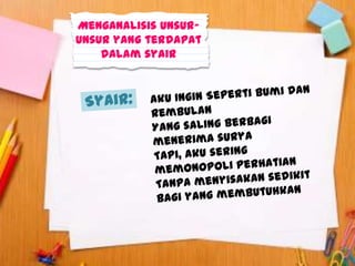 Menganalisis unsur-
unsur yang terdapat
    dalam syair
 