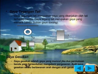 • Gaya Tegangan Tali
  – Gaya tegangan tali merupakan gaya yang dikerjakan oleh tali
    terhadap benda. Gaya tegang tali merupakan gaya yang
    menarik benda (bukan gaya dorong).




        T1        T2




Gaya Gesekan
  – Gaya gesekan adalah gaya yang muncul jika dua permukaan
    benda yang bersentuhan mengalami pergeseran. Arah gaya
    gesekan selalu berlawanan arah dengan arah gerak
 