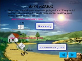 GAYA NORMAL
•   Gaya normal adalah gaya yang arahnya tegak lurus bidang sentuh
    dan hanya bekerja jika dua benda bersentuhan. Besarnya gaya
    normal adalah sebagai berikut :
     – gaya normal pada bidang datar
                    N
                                  N = w = m.g


                w
    - gaya normal pada bidang miring
           fg           N


                                   N = w.cos α = m.g.cos α
     w.cos α            W sin α
                wα
 