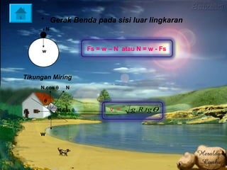 • Gerak Benda pada sisi luar lingkaran
         N



     w                  Fs = w – N atau N = w - Fs



Tikungan Miring
     N.cos θ     N

      θ

Fs            N.Sin θ          v =    g .R.tgθ
          θ


     w
 