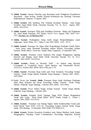 Riwayat Hidup
14
30. Abduh, Syamsir, Strategi Teknologi yang Berorientasi pada Peningkatan Kesejahteraan
Masyarakat : Suatu Konsep. Seminar Nasional Kebudayaan dan Teknologi, Universitas
Muhammadiyah Mataram, 19 Agustus 2003.
31. Abduh, Syamsir, Efek Sambaran Petir Terhadap Kesehatan Manusia : Suatu Kajian
Teoritikal. Jurnal Ilmiah Teknik Universitas Pancasila, Vol. 16, No.4, Agustus 2003.
(ISSN: 1410-8216).
32. Abduh, Syamsir, Penerapan TQM pada Pendidikan Pariwisata : Belajar dari Pengalaman
AS. Jurnal Ilmiah Pariwisata, STP Trisakti, Vol.10, No.4, Agustus 2003, ISSN 1411-
1527, Akreditasi No. 52/Dikti/Kep/2002.
33. Abduh, Syamsir, Pembangkitan Energi Listrik dengan Mempertimbangkan Aspek
Lingkungan. Jurnal Widya, No. 1 Tahun V, Juni 2003. (ISSN : 1410 – 8577).
34. Abduh, Syamsir, Penerapan Six Sigma dalam Pengembangan Kurikulum Teknik Elektro
: Suatu Upaya untuk Memenuhi Kebutuhan Industri Modern. Proceedings Seminar
Nasional Teknik Elektro, Universitas Gadjah Mada, Yogyakarta, 25 September 2003.
35. Abduh, Syamsir, Penentuan Lokasi Sambaran Petir dengan Menggunakan Lightning
Detection and Ranging. Jurnal Ilmiah Teknik Universitas Pancaila, Vol. 16, No.5,
Oktober 2003. (ISSN: 1410-8216).
36. Abduh, Syamsir, Pricing on Electricity Tariff : An Analysis using Electricity
Consumption in Commercial Sector. Jurnal Business and Entrepneurial Review,
Vol.4.No.2, October 2003. (ISSN: 0853-9198), pp.71-78.
37. Abduh, Syamsir, Penentuan Harga Listrik pada Pasar Kompetisi. Proceedings Seminar
Nasional Teknik Tenaga Elektrik, Politeknik Negeri Bandung, 1 Oktober 2003. (ISSN :
1693-4946).
38. Radita, Novan dan Syamsir Abduh, Penentuan Harga Listrik Kekeliruan Pandangan
dalam Biaya Kapasitas dan Energi. Proceedings Seminar Nasional Teknik Tenaga
Elektrik, Politeknik Negeri Bandung, 1 Oktober 2003. (ISSN : 1693-4946).
39. Abduh, Syamsir, Power Market Design. Seminar Nasional Teknik Tenaga Elektrik,
Politeknik Negeri Bandung, 1 Oktober 2003.
40. Abduh, Syamsir, Pengujian Kabel Tegangan Tinggi XLPE Dengan Menggunakan
Teknik After Laying. Jurnal Teknik Elektro “JETri” Trisakti, Volume 4, Nomor 1,
Agustus 2004. (ISSN: 1412-0372).
41. Abduh, Syamsir, Penentuan Arus Hubung Singkat Akibat Ketidakstabilan Termal pada
Kabel Bawah Tanah XLPE 12/24 kV. Proceedings Seminar Nasional Teknik Tenaga
Listrik, ITB, Bandung, 7-8 Desember 2004. (ISBN: 979-99069-0-3).
42. Abduh, Syamsir, Proteksi Kerusakan Konduktor pada Saluran Distribusi Listrik dengan
Menggungakan Teknologi Carrier Communication. Proceedings Simposium Nasional
 