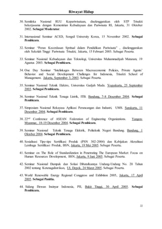 Riwayat Hidup
22
30. Semiloka Nasional RUU Kepariwisataan, diselenggarakan oleh STP Trisakti
bekerjasama dengan Kementrian Kebudayaan dan Pariwisata RI, Jakarta, 31 Oktober
2002. Sebagai Moderator.
31. Internasional Seminar ACED, Songsil University Korea, 15 November 2002. Sebagai
Pembicara.
32. Seminar “Peran Kecerdasan Spritual dalam Pendidikan Pariwisata” , diselenggarakan
oleh Sekolah Tinggi Pariwisata Trisakti, Jakarta, 15 Februari 2003. Sebagai Peserta.
33. Seminar Nasional Kebudayaan dan Teknologi, Universitas Muhammadiyah Mataram, 19
Agustus 2003. Sebagai Pembicara.
34. One Day Seminar “Intelinkages Between Macroeconomic Policies, Private Agents’
Behavior and Social Development Challenges for Indonesia, Trisakti School of
Management. Jakarta, September 3, 2003. Sebagai Peserta.
35. Seminar Nasional Teknik Elektro, Universitas Gadjah Mada. Yogyakarta, 25 September
2003. Sebagai Pembicara.
36. Seminar Nasional Teknik Tenaga Listrik, ITB. Bandung, 7-8 Desember 2004. Sebagai
Pembicara.
37. Simposium Nasional Rekayasa Aplikasi Perancangan dan Industri, UMS. Surakarta, 11
Desember 2004. Sebagai Pembicara.
38. 22nd Conference of ASEAN Federation of Engineering Organizations. Yangon-
Myanmar, 18-19 Desember 2004. Sebagai Pembicara.
39. Seminar Nasional Teknik Tenaga Elektrik, Politeknik Negeri Bandung. Bandung, 1
Oktober 2004. Sebagai Pembicara.
40. Sosialisasi Tipe-tipe Sertifikasi Produk (PSN 302-2004) dan Kebijakan Akreditasi
Lembaga Sertifikasi Produk, BSN, Jakarta, 19 Mei 2005. Sebagai Peserta.
41. Seminar on The Role of Standardization in Penetrating The European Market: Focus on
Human Resources Development, BSN, Jakarta, 9 Juni 2005. Sebagai Peserta.
42. Seminar Nasional Dampak dan Solusi Dibatalkannya Undang-Undang No. 20 Tahun
2002 tentang Ketenagalistrikan, UI, Depok, 24 Maret 2005. Sebagai Peserta.
43. World Renewable Energy Regional Conggress and Exhibition 2005, Jakarta, 17 April
2005. Sebagai Panitia.
44. Sidang Dewan Insinyur Indonesia, PII, Bukit Tinggi, 30 April 2005. Sebagai
Pembicara.
 