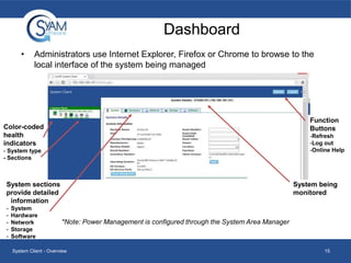 Dashboard
•

Administrators use Internet Explorer, Firefox or Chrome to browse to the
local interface of the system being managed

Function
Buttons

Color-coded
health
indicators

-Refresh
-Log out
-Online Help

- System type
- Sections

System sections
provide detailed
information
-

System
Hardware
Network
Storage
Software

System being
monitored

*Note: Power Management is configured through the System Area Manager

System Client - Overview

15

 