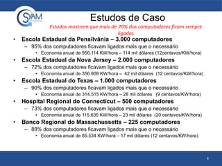 Estudos de Caso
• Escola Estadual da Pensilvânia – 3.000 computadores
– 95% dos computadores ficavam ligados mais que o necessário
• Economia anual de 956.114 KW/hora – 114 mil dólares (12centavos/KW/hora)
• Escola Estadual da Nova Jersey – 2.000 computadores
– 72% dos computadores ficavam ligados mais que o necessário
• Economia anual de 356.908 KW/hora – 42 mil dólares (12 centavos/KW/hora)
• Escola Estadual do Texas – 1.000 computadores
– 90% dos computadores ficavam ligados mais que o necessário
• Economia anual de 314.515 KW/hora – 28 mil dólares (9 centavos/KW/hora)
• Hospital Regional do Connecticut – 500 computadores
– 73% dos computadores ficavam ligados mais que o necessário
• Economia anual de 115.635 KW/hora – 23 mil dólares (20 centavos/KW/hora)
• Banco Regional do Massachussetts – 225 computadores
– 89% dos computadores ficavam ligados mais que o necessário
• Economia anual de 85.534 KW/hora – 17 mil dólares (12 centavos/KW/hora)
8
Estudos mostram que mais de 70% dos computadores ficam sempre
ligados
 