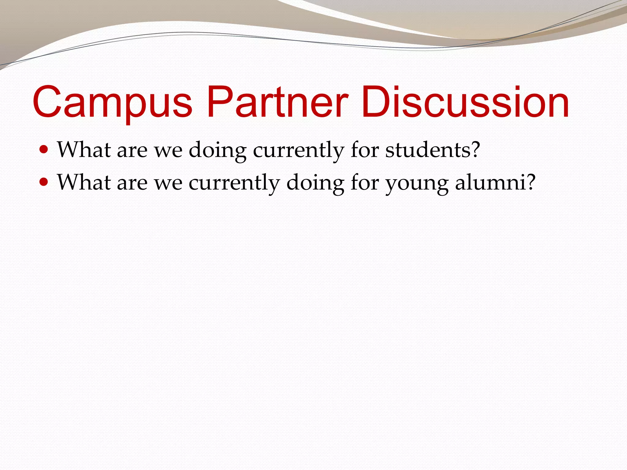 Campus Partner Discussion
What are we doing currently for students?
What are we currently doing for young alumni?
