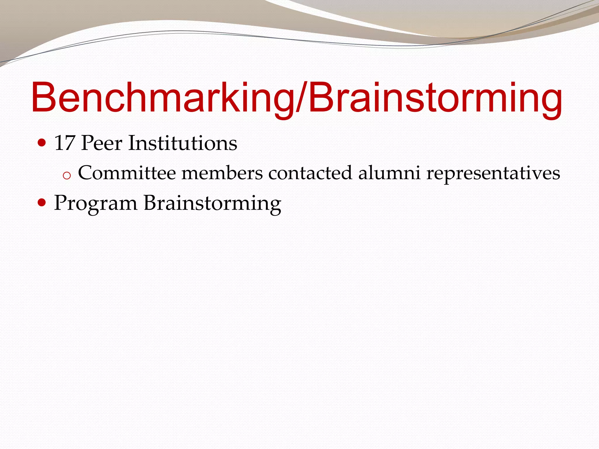 Benchmarking/Brainstorming
17 Peer Institutions
o Committee members contacted alumni representatives
Program Brainstorming