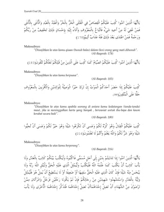 Syarah Usul 20_________________________________________________________________________
28
„ <i,* & „ <i,*#' (2YJ,* & 2YJ,*#' Dc,* & Vc,*# H-,*# 6(0 … k(-,*# 5<= O(H<G #$ w 4()*# 3V4 4
( * 6( /05<=D ( b (g. x(*] " ?@&N& ( *&; †`#S ' ( ' J/,* & ‡ YD. 0 †`6 ( (!
5 (* a# 0 x(*] 2J +2H # /0 sE/@ '9:
Maksudnya:
"Diwajibkan ke atas kamu qisaas (bunuh balas) dalam (kes) orang yang mati dibunuh".
(Al-Baqarah: 178)
"$<-H. 5<=)J* 5<=(YB ( 4()*# O(H<G /G Dk*# 5<= O(H<G #$ w 4()*# 3V4 49:
Maksudnya:
"Diwajibkan ke atas kamu berpuasa".
(Al-Baqarah: 183)
]&; 5<= O(H<G( ' J/,* & 7& ,Bi,*#' & 42(*#$,(* <E (M$,*# #> ! ˆ . ,"&; e$/,*# 5<G2@ €@ #
7(-H/,*# ‰-@9Š‹Œ
Maksudnya:
"Diwajibkan ke atas kamu apabila seorang di antara kamu kedatangan (tanda-tanda)
maut, jika ia meninggalkan harta yang banyak , berwasiat untuk ibu-bapa dan kaum
kerabat secara baik".
(Al-Baqarah: 180)
#$VY(c. ," ? ' 5<=* ! $ ' AX #$ ,=. ," ? ' 5<=* Z <G $ ' <I H(-,*# 5<= O(H<G
5<=* • $ ' AX"$/ J. * 5H ' 5 J4 )*#'9:
Maksudnya:
"Diwajibkan ke atas kamu berperang".
(Al-Baqarah: 216)
2J,* & O(. G 5<= OH,= ,*' Z$YH,G 0 Ž/? Q *&; 42& 5H 4#2. #]&; #$ w 4()*# 3V4 4*' &I
*' )*# &mH ,*' Vmc,*# ( 1()*# ,Q(/ ,*' OH,= ,0 )*# /) /G OH,=4 ," O(. G a,i4
d (KH?4 * ' A (J% ' >3 ( Vmc,*# ( 1()*# " G ,"&N0 AX ( gY4,Q(/ ,0 $ )Q(/4 ,"
/( (" . #' sQ 0 & $<=4 5* ,"&N0 5<=(* & ( & 42 &3 #'2&3TH #' &I2J,* & V(*'
&; rGH0 / #2@&; )Q(€. ," / #2@&; )Q(€. ," j`#23VT*# ( "$% .a,i4 *' + !<i,*# / #2@
 