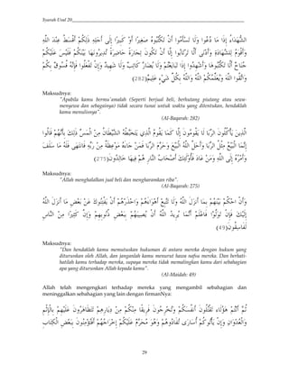 Syarah Usul 20_________________________________________________________________________
29
()*# 2 ( <•?,B 5<=(*] (( *&; #>u&YG ' #>u(UM Z$YH,=. ," #$ i?. *' #$ S #]&; •`#23VT*#
@ AR p(. "$<=. ," )*&; #$ . . )* S ' (RS 3T (* $,B '5<= 0 5<= 3 ' 4(2. AR (%
5<=& ^$?<0 &N0 #$<J,. ,"&;' 2 &3 *' O(. G €4 *' 5HJ4 Y. #]&; #'2&3 ' $YH,=. )* L
rQ<=& )*#' )*# 5<=/rJ4' )*# #$<-.#'5 ( P`69:
Maksudnya:
"Apabila kamu bermu'amalah (Seperti berjual beli, berhutang piutang atau sewa-
menyewa dan sebagainya) tidak secara tunai untuk waktu yang ditentukan, hendaklah
kamu menulisnya".
(Al-Baqarah: 282)
D*# "$<<G,i4 4()*##$<* B 53 i& x(*] D /,*# ( <" K T*# <KYgH4 1()*# $<-4 /G )*&; "$ $<-4 *
0 3H 0 (D ( sE8( $ Z_` /0 D*# @' d Y,*# )*# )Q@ ' D*# <Q,„( d Y,*# / &;b
"'2(* ! 3 (0 5 & *# a cM x(X*'<i0 S ' ()*# *&; Z '9:
Maksudnya:
"Allah menghalalkan jual beli dan mengharamkan riba".
(Al-Baqarah: 275)
&YH. *' )*# Iy /& 53 5<=@# ," ')*# Iy &‘J ˆ$ (H,4 ," 5 @#' 5 _`#$ d
&’ *# ( #>u(„G )"&;' 5&3&$ <] &‘JY& 53Y (k4 ," )*# 24&4 / 5 0 #$)*$. ,"&N0 x *&;
"$<-( *9:
Maksudnya:
"Dan hendaklah kamu memutuskan hukuman di antara mereka dengan hukum yang
diturunkan oleh Allah, dan janganlah kamu menurut hawa nafsu mereka. Dan berhati-
hatilah kamu terhadap mereka, supaya mereka tidak memalingkan kamu dari sebahagian
apa yang diturunkan Allah kepada kamu".
(Al-Maidah: 49)
Allah telah mengengkari terhadap mereka yang mengambil sebahagian dan
meninggalkan sebahagian yang lain dengan firmanNya:
&5,o&N,* & 5&3 "' 8H. 5( & 4(S ( 5<= ( A-4&0 "$ &g.' 5<=?< "$<H,-. ` *W 5H 5<o
&‘JY& "$ (WH0 53 # !&; 5<= c $ ' 5 'S . + < 5<G$.,i4 ,"&;' ("#'2J,*#'&a H(=,*#
 