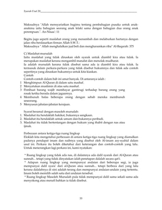 Syarah Usul 20_________________________________________________________________________
55
Maksudnya "Allah mensyariatkan bagimu tentang pembahagian pusaka untuk anak-
anakmu iaitu bahagian seorang anak lelaki sama dengan bahagian dua orang anak
perempuan.". An-Nisaa': 11
Begitu juga seperti maslahat orang yang menambah dan melaburkan hartanya dengan
jalan riba berdasarkan firman Allah S.W.T.:
Maksudnya " Allah menghalalkan jual beli dan mengharamkan riba" Al-Baqarah: 375
C) Maslahat mursalah
Iaitu maslahat yang tidak dinaskan oleh syarak untuk diambil kira atau tidak. Ia
merupakan maslahat kerana mengambil manafat dan menolak mudharat.
Ia adalah mursalah kerana tidak disebut sama ada ia diambil kira atau tidak. Ia
termasuk dalam perkara-perkara yang tidak disebut hukumnya dan tidak ada contoh
sepertinya yang dinaskan hukumnya untuk kita kiaskan.
Contoh
Contoh-contoh dalam bab ini amat banyak. Di antaranya ialah :
1 Menghimpun Al-Quran di dalam satu mashaf.
2 Menyatukan muslimin di atas satu mashaf.
3 Pembuat barang wajib membayar gantirugi terhadap barang orang yang
rosak ketika berada dalam jagaannya.
4 Membunuh balas beberapa orang dengan sebab mereka membunuh
seseorang.
5 Menyusun jabatan-jabatan kerajaan.
Syarat beramal dengan masoleh mursalah:
1. Maslahat itu hendaklah hakikat, bukannya sangkaan.
2. Maslahat itu hendaklah untuk umum dan bukannya peribadi.
3. Maslahat itu tidak bertentangan dengan hukum yang thabit dengan nas atau
ijmak.
Perbezaan antara ketiga-tiga ruang lingkup
Eloklah kita mengetahui perbezaan di antara ketiga-tiga ruang lingkup yang diamalkan
padanya pendapat imam dan naibnya yang disebut oleh Al-imam asy-syahid dalam
usul ini. Perkara itu boleh diketahui dari keterangan dan contoh-contoh yang lalu.
Untuk menerangkan lagi perkara ini, kami nyatakan:
* Ruang lingkup yang tidak ada nas, di dalamnya ada dalil syarak dari Al-Quran atau
sunnah... tetapi yang tidak dinyatakan ialah penetapan dalalah secara qat'i.
* Adapun ruang lingkup yang mempunyai andaian dari beberapa segi, ia juga
mempunyai dalil syara' dari al-Quran atau sunnah... tetapi berbeza dari yang lalu
kerana dalalahnya di sini adalah terang dan mempunyai andaian-andain yang tertentu.
Imam boleh memilih salah satu dari andaian tersebut.
* Ruang lingkup Masoleh Mursalah pula tidak mempunyai dalil sama sekali sama ada
menyokong atau menafi bahkan ia tidak disebut.
 