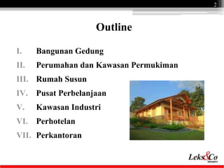 I. Bangunan Gedung
II. Perumahan dan Kawasan Permukiman
III. Rumah Susun
IV. Pusat Perbelanjaan
V. Kawasan Industri
VI. Pe...