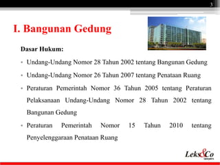 I. Bangunan Gedung
Dasar Hukum:
• Undang-Undang Nomor 28 Tahun 2002 tentang Bangunan Gedung
• Undang-Undang Nomor 26 Tahun...