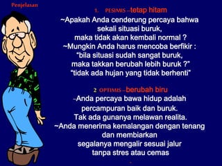 Penjelasan
1. PESIMIS –tetap hitam
~Apakah Anda cenderung percaya bahwa
sekali situasi buruk,
maka tidak akan kembali normal ?
~Mungkin Anda harus mencoba berfikir :
“bila situasi sudah sangat buruk,
maka takkan berubah lebih buruk ?”
“tidak ada hujan yang tidak berhenti”
2. OPTIMIS–berubah biru
~Anda percaya bawa hidup adalah
percampuran baik dan buruk.
Tak ada gunanya melawan realita.
~Anda menerima kemalangan dengan tenang
dan membiarkan
segalanya mengalir sesuai jalur
tanpa stres atau cemas
.
 