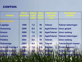 Varietas
Tahun
pelepasan
Potensi
hasil
(t/ha)
Umur
panen
(hari)
Ketahanan
penyakit
bulai
Keunggulan
spesifik
Bersari bebas
Lagaligo
Gumarang
Kresna
Lamuru
Palakka
Sukmaraga
Srikandi Kuning-1
Srikandi Putih-1
Anoman-1 (Putih)
1996
2000
2000
2000
2003
2003
2004
2004
2009
7,5
8,0
7,0
7,6
8,0
8,5
7,9
8,1
7,0
90
82
90
95
95
105
110
110
103
Toleran
AgakToleran
AgakToleran
AgakToleran
Toleran
Toleran
Rendah
Rendah
Rendah
Toleran kekeringan
Umur genjah
Umur sedang
Toleran kekeringan
Umur sedang
Toleran tanah masam
Protein bermutu
Protein bermutu
Sesuai untuk pangan
CONTOH:
 