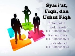 Syari’at,
Fiqh, dan
Ushul Fiqh
Kelompok 1 :
Elok Faikoh
(1113102000077)
Ramaza Rizka
(1113102000076)
Fandi Ahmad
(1113102000039)
 