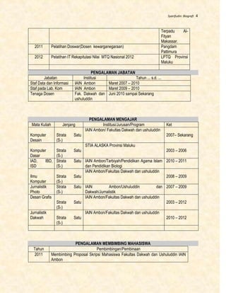 Syarifudin: Biografi 4
Terpadu Al-
Fityan
Makassar.
2011 Pelatihan Doswar(Dosen kewarganegaraan) Pangdam
Pattimura
2012 Pelatihan IT Rekapitulasi Nilai MTQ Nasional 2012 LPTQ Provinsi
Maluku
PENGALAMAN JABATAN
Jabatan Institusi Tahun ... s.d. ...
Staf Data dan Informasi IAIN Ambon Maret 2007 – 2010
Staf pada Lab. Kom IAIN Ambon Maret 2009 – 2010
Tenaga Dosen Fak. Dakwah dan
ushuluddin
Juni 2010 sampai Sekarang
PENGALAMAN MENGAJAR
Mata Kuliah Jenjang Institusi/Jurusan/Program Ket
Komputer
Desain
Strata Satu
(S1)
IAIN Ambon/ Fakultas Dakwah dan ushuluddin
2007– Sekarang
Komputer
Dasar
Strata Satu
(S1)
STIA ALASKA Provinsi Maluku
2003 – 2006
IAD, IBD,
ISD
Strata Satu
(S1)
IAIN Ambon/Tarbiyah/Pendidikan Agama Islam
dan Pendidikan Biologi
2010 – 2011
Ilmu
Komputer
Strata Satu
(S1)
IAIN Ambon/Fakultas Dakwah dan ushuluddin
2008 – 2009
Jurnalistik
Photo
Strata Satu
(S1)
IAIN Ambon/Ushuluddin dan
Dakwah/Jurnalistik
2007 – 2009
Desan Grafis
Strata Satu
(S1)
IAIN Ambon/Fakultas Dakwah dan ushuluddin
2003 – 2012
Jurnalistik
Dakwah Strata Satu
(S1)
IAIN Ambon/Fakultas Dakwah dan ushuluddin
2010 – 2012
PENGALAMAN MEMBIMBING MAHASISWA
Tahun Pembimbingan/Pembinaan
2011 Membimbing Proposal Skripsi Mahasiswa Fakultas Dakwah dan Ushuluddin IAIN
Ambon
 