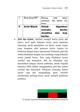 Syarifudin: Desain Grafis 103 
Dr. Syarifudin; Desain Grafis: Komunikasi Penyiaran dan Konsentrasi Jurnalistik 103 
3 
Brush Script MT 
Biasanya untuk tulisan perkawinan, kata hikmah, dan hiasan. 
4 
Arial Black 
Untuk digunkan menulis berita headline dan kop berita. 
 Grid dan kolom; sebelum mengisi berita perlu ada sketsa awal pada halaman koran perlu penataan tataruang untuk penonjolan isu berita sesuai target yang harapkan oleh pemesan berita. karena ini berkaitan dengan biaya operasional. Penataan grid dan kolom dilakukan dengan cara membagi ruang halaman sesuai jumlah berita, foto, yang dilakukan secara vertikal dan horisontal. Hal ini dilakukan dan disesuaikan dengan ukuran publiaksi, untuk majalah baisanya lebih sedikit menggunakan grid dan kolom vertikal dan horisontal. Penataan tataruang kolom secara rapi dan mengandung spirit estetika memberikan peluang besar untuk menarik perhatian pembaca. 
 