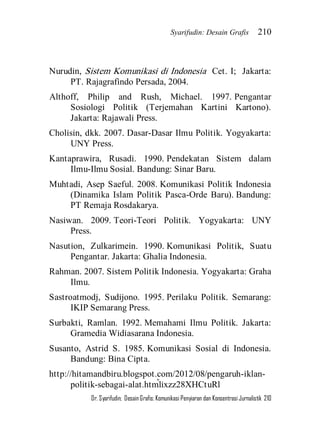 Syarifudin: Desain Grafis 210 
Dr. Syarifudin; Desain Grafis: Komunikasi Penyiaran dan Konsentrasi Jurnalistik 210 
Nurudin, Sistem Komunikasi di Indonesia Cet. I; Jakarta: PT. Rajagrafindo Persada, 2004. Althoff, Philip and Rush, Michael. 1997. Pengantar Sosiologi Politik (Terjemahan Kartini Kartono). Jakarta: Rajawali Press. Cholisin, dkk. 2007. Dasar-Dasar Ilmu Politik. Yogyakarta: UNY Press. Kantaprawira, Rusadi. 1990. Pendekatan Sistem dalam Ilmu-Ilmu Sosial. Bandung: Sinar Baru. Muhtadi, Asep Saeful. 2008. Komunikasi Politik Indonesia (Dinamika Islam Politik Pasca-Orde Baru). Bandung: PT Remaja Rosdakarya. Nasiwan. 2009. Teori-Teori Politik. Yogyakarta: UNY Press. Nasution, Zulkarimein. 1990. Komunikasi Politik, Suatu Pengantar. Jakarta: Ghalia Indonesia. Rahman. 2007. Sistem Politik Indonesia. Yogyakarta: Graha Ilmu. Sastroatmodj, Sudijono. 1995. Perilaku Politik. Semarang: IKIP Semarang Press. Surbakti, Ramlan. 1992. Memahami Ilmu Politik. Jakarta: Gramedia Widiasarana Indonesia. Susanto, Astrid S. 1985. Komunikasi Sosial di Indonesia. Bandung: Bina Cipta. http://hitamandbiru.blogspot.com/2012/08/pengaruh-iklan- politik-sebagai-alat.html#ixzz28XHCtuRl  