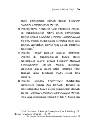Syarifudin: Desain Grafis 26 
Dr. Syarifudin; Desain Grafis: Komunikasi Penyiaran dan Konsentrasi Jurnalistik 26 
proses penyampaian dakwah dengan Computer Mediated Communication Da’wah. 
b) Dimensi Speed (Kecepatan Akses Informasi): Dimensi ini mengindikasikan bahwa proses penyampaian dakwah dengan Computer Mediated Communication Da’wah, mampu menunjukkan kecepatan akses data dakwah, kemudahan, dakwah yang aktual, efektifitas dan efisien.7 
c) Dimensi Amount (Jumlah/ kualitas Informasi): Dimensi ini mengindikasikan bahwa proses penyampaian dakwah dengan Computer Mediated Communication Da’wah. Mampu memenuhi kebutuhan mad’u, dalam artian informasi yang disajikan sesuai kebutuhan mad’u sesuai daya nalarnya. 
d) Dimensi Cognitive Effectiveness (Keefektifan memperoleh Sumber Data dakwah): Dimensi ini mengindikasikan bahwa proses penyampaian dakwah dengan Computer Mediated Communication Da’wah. Data yang disampaikan bersumber dari Al-Quran dan 
7Deni Darmawan, Teknologi Pembelajaran (Cet. I; Bandung: PT. Remaja Rosdakarya offset, 2011), h. 22  