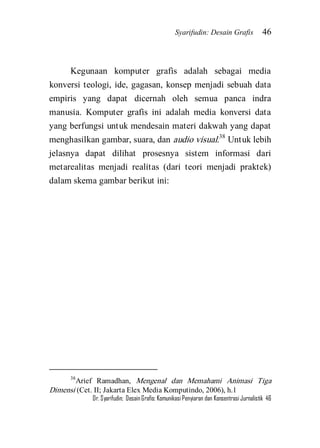 Syarifudin: Desain Grafis 46 
Dr. Syarifudin; Desain Grafis: Komunikasi Penyiaran dan Konsentrasi Jurnalistik 46 
Kegunaan komputer grafis adalah sebagai media konversi teologi, ide, gagasan, konsep menjadi sebuah data empiris yang dapat dicernah oleh semua panca indra manusia. Komputer grafis ini adalah media konversi data yang berfungsi untuk mendesain materi dakwah yang dapat menghasilkan gambar, suara, dan audio visual.38 Untuk lebih jelasnya dapat dilihat prosesnya sistem informasi dari metarealitas menjadi realitas (dari teori menjadi praktek) dalam skema gambar berikut ini: 
38Arief Ramadhan, Mengenal dan Memahami Animasi Tiga Dimensi (Cet. II; Jakarta Elex Media Komputindo, 2006), h.1  