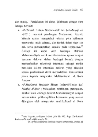 Syarifudin: Desain Grafis 69 
Dr. Syarifudin; Desain Grafis: Komunikasi Penyiaran dan Konsentrasi Jurnalistik 69 
dan massa. Pendekatan ini dapat dilakukan dengan cara sebagai berikut: 
a. Al-Hikmah Sistem Sentimental/Hati (al-Manh}aj al- At}ifi> ) menurut pandangan Muhammad Abduh: hikmah adalah mengetahui rahasia, peta keilmuan masyarakat multikultural, dan faedah dalam tiap-tiap hal, serta menempatkan sesuatu pada tempatnya.68 Konsep ini dapat oleh lembaga Dakwah Muhammadiyah untuk membahasakan agama dengan kemasan dakwah dalam berbagai bentuk dengan memanfatakan teknologi informasi sebagai media publikasi sistem informasi dakwah yang didesain secara professional demi memudahkan transformasi pesan kepada masyarakat Multikultural di Kota Ambon. 
b. Al-Muaizatul Hasanah Sistem Indrawi/Ilmiah (al- Manh}aj al-hissi ) Melakukan bimbingan, peringatan, nasihat, oleh lembaga dakwah Muhammadiyah dengan menawarkan pilihan-pilihan kebenaran yang mudah dijangkau oleh masyarakat multikultural di Kota 
68Abu Hayyan, al-Bah}rul Mahit, jilid I h. 392. Juga Zaid Abdul karim al-Da’wah al-H{ikmah, h. 26.  