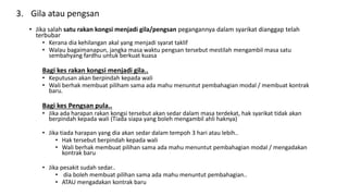 3. Gila atau pengsan
• Jika salah satu rakan kongsi menjadi gila/pengsan pegangannya dalam syarikat dianggap telah
terbubar
• Kerana dia kehilangan akal yang menjadi syarat taklif
• Walau bagaimanapun, jangka masa waktu pengsan tersebut mestilah mengambil masa satu
sembahyang fardhu untuk berkuat kuasa
Bagi kes rakan kongsi menjadi gila..
• Keputusan akan berpindah kepada wali
• Wali berhak membuat piliham sama ada mahu menuntut pembahagian modal / membuat kontrak
baru.
Bagi kes Pengsan pula..
• Jika ada harapan rakan kongsi tersebut akan sedar dalam masa terdekat, hak syarikat tidak akan
berpindah kepada wali (Tiada siapa yang boleh mengambil ahli haknya)
• Jika tiada harapan yang dia akan sedar dalam tempoh 3 hari atau lebih..
• Hak tersebut berpindah kepada wali
• Wali berhak membuat pilihan sama ada mahu menuntut pembahagian modal / mengadakan
kontrak baru
• Jika pesakit sudah sedar..
• dia boleh membuat pilihan sama ada mahu menuntut pembahagian..
• ATAU mengadakan kontrak baru
 