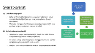 Syarat-syarat Lafaz Kontrak
(Sighah)
Berkelayakan
sebagai wakil
Modal yang
dikongsi
mestilah harta
yang sama
Menggabungkan
modal Syarikat
Menetapkan
keuntungan dan
kerugian
mengikut Nisbah
1) Lafaz Kontrak (Sighah)
• Lafaz sorih (jelas) hendaklah menunjukkan kebenaran untuk
menjalankan jual beli/apa-apa yang bersangkutan dengan
perniagaan
• Memadai menggunakan lafaz yang biasa digunapakai oleh para
peniaga yang menunjukkan maksud tersebut
2) Berkelayakan sebagai wakil
• Setiap rakan kongsi mestilah berakal , baligh dan tidak ditahan
daripada menggunakan harta (bangkrupt)
• Ini kerana setiap rakan kongsi akan menggunakan harta syarikat
yang sebahagiannya adalah harta sendiri.
• Dia juga akan menggunakan harta rakan kongsinya sebagai wakil.
 