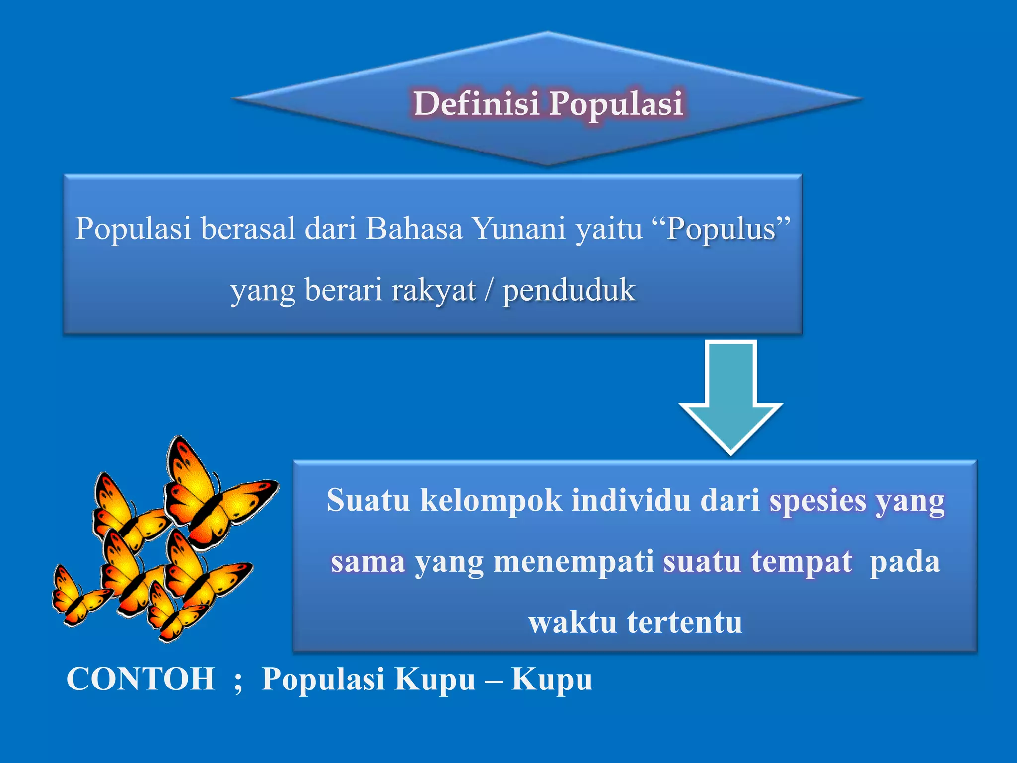 Definisi Populasi
Populasi berasal dari Bahasa Yunani yaitu “Populus”
yang berari rakyat / penduduk
Suatu kelompok individu dari spesies yang
sama yang menempati suatu tempat pada
waktu tertentu
CONTOH ; Populasi Kupu – Kupu
 