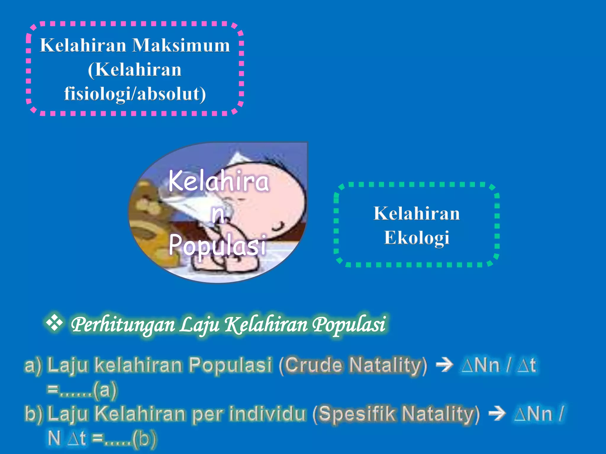 Kelahiran Maksimum
(Kelahiran
fisiologi/absolut)
Kelahira
n
Populasi
Kelahiran
Ekologi
 Perhitungan Laju Kelahiran Populasi
 