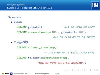 Porting the application

Sybase vs PostgresSQL Dialect 1/2

Date/time
Sybase
SELECT getdate();

-- Oct 30 2013 03.52PM

SELECT convert(varchar(30), getdate(), 109);
-- Oct 30 2013 03:52:34:126PM
PostgreSQL
SELECT current_timestamp;
-- 2013-10-30 15:52:34.126305+01
SELECT to_char(current_timestamp,
’Mon DD YYYY HH12:MI:SS:MSAM’);

1&1 Internet AG 2013

Database migration

10/25

 