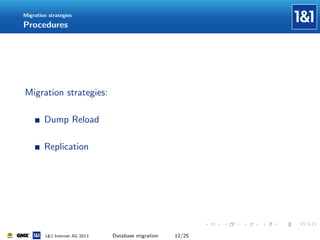 Migration strategies

Procedures

Migration strategies:
Dump Reload
Replication

1&1 Internet AG 2013

Database migration

12/25

 