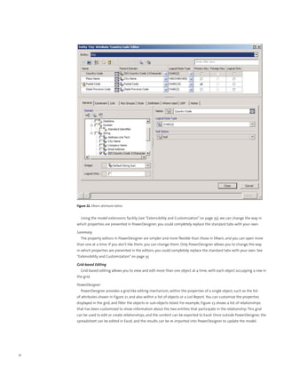 Figure 22. ERwin attribute editor


       Using the model extensions facility (see “Extensibility and Customization” on page 35), we can change the way in
     which properties are presented in PowerDesigner; you could completely replace the standard tabs with your own.

     Summary
       The property editors in PowerDesigner are simpler and more flexible than those in ERwin, and you can open more
     than one at a time. If you don’t like them, you can change them. Only PowerDesigner allows you to change the way
     in which properties are presented in the editors; you could completely replace the standard tabs with your own. See
     “Extensibility and Customization” on page 35.

     Grid-based Editing
       Grid-based editing allows you to view and edit more than one object at a time, with each object occupying a row in
     the grid.

     PowerDesigner
       PowerDesigner provides a grid-like editing mechanism, within the properties of a single object, such as the list
     of attributes shown in Figure 21, and also within a list of objects or a List Report. You can customize the properties
     displayed in the grid, and filter the objects or sub-objects listed. For example, Figure 23 shows a list of relationships
     that has been customized to show information about the two entities that participate in the relationship. This grid
     can be used to edit or create relationships, and the content can be exported to Excel. Once outside PowerDesigner, the
     spreadsheet can be edited in Excel, and the results can be re-imported into PowerDesigner to update the model.




32
 