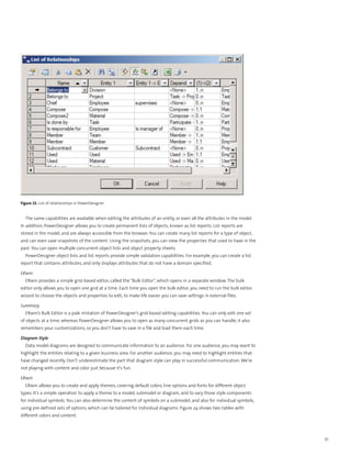 Figure 23. List of relationships in PowerDesigner


  The same capabilities are available when editing the attributes of an entity, or even all the attributes in the model.
In addition, PowerDesigner allows you to create permanent lists of objects, known as list reports. List reports are
stored in the model, and are always accessible from the browser. You can create many list reports for a type of object,
and can even save snapshots of the content. Using the snapshots, you can view the properties that used to have in the
past. You can open multiple concurrent object lists and object property sheets.
  PowerDesigner object lists and list reports provide simple validation capabilities. For example, you can create a list
report that contains attributes, and only displays attributes that do not have a domain specified.

ERwin
  ERwin provides a simple grid-based editor, called the “Bulk Editor”, which opens in a separate window. The bulk
editor only allows you to open one grid at a time. Each time you open the bulk editor, you need to run the bulk editor
wizard to choose the objects and properties to edit; to make life easier, you can save settings in external files.

Summary
  ERwin’s Bulk Editor is a pale imitation of PowerDesigner’s grid-based editing capabilities. You can only edit one set
of objects at a time, whereas PowerDesigner allows you to open as many concurrent grids as you can handle; it also
remembers your customizations, so you don’t have to save in a file and load them each time.

Diagram Style
  Data model diagrams are designed to communicate information to an audience. For one audience, you may want to
highlight the entities relating to a given business area. For another audience, you may need to highlight entities that
have changed recently. Don’t underestimate the part that diagram style can play in successful communication. We’re
not playing with content and color just because it’s fun.

ERwin
  ERwin allows you to create and apply themes, covering default colors, line options and fonts for different object
types. It’s a simple operation to apply a theme to a model, submodel or diagram, and to vary those style components
for individual symbols. You can also determine the content of symbols on a submodel, and also for individual symbols,
using pre-defined sets of options, which can be tailored for individual diagrams. Figure 24 shows two tables with
different colors and content.




                                                                                                                           33
 