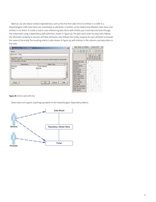 Matrices can also depict indirect dependencies, such as the link from data items to entities in a CDM. In a
PowerDesigner CDM, data items are instantiated as attributes in entities, so the relationship between data items and
entities is not direct. To create a matrix cross-referencing data items with entities, you must trace the links through
the metamodel using a dependency path definition, shown in Figure 29. The path starts with the data item, follows
the ‘attributes’ property to discover all linked attributes, then follows the ‘entity’ property for each attribute to discover
the name of the entity. The resulting matrix is also shown in Figure 29, with entities in the columns, and data items in
the rows.




Figure 29. Indirect path definition


  ERwin does not support anything equivalent to the PowerDesigner Dependency Matrix.




                                                                                                                                 41
 