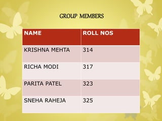 GROUP MEMBERS 
NAME ROLL NOS 
KRISHNA MEHTA 314 
RICHA MODI 317 
PARITA PATEL 323 
SNEHA RAHEJA 325 
 