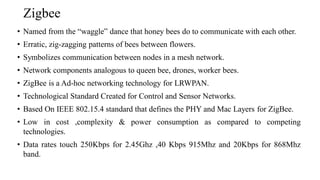 Zigbee
• Named from the “waggle” dance that honey bees do to communicate with each other.
• Erratic, zig-zagging patterns of bees between flowers.
• Symbolizes communication between nodes in a mesh network.
• Network components analogous to queen bee, drones, worker bees.
• ZigBee is a Ad-hoc networking technology for LRWPAN.
• Technological Standard Created for Control and Sensor Networks.
• Based On IEEE 802.15.4 standard that defines the PHY and Mac Layers for ZigBee.
• Low in cost ,complexity & power consumption as compared to competing
technologies.
• Data rates touch 250Kbps for 2.45Ghz ,40 Kbps 915Mhz and 20Kbps for 868Mhz
band.
 