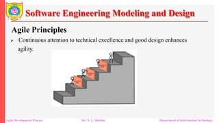 Software Engineering Modeling and Design
Agile Principles
 Continuous attention to technical excellence and good design enhances
agility.
Agile Development Process Mr. N. L. Shelake Department of Information Technology
 