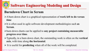 Software Engineering Modeling and Design
Burndown Chart in Scrum
Aburn down chart is a graphical representation of work left to do versus
time
It is often used in agile software development methodologies such as
Scrum.
burn down charts can be applied to any project containing measurable
progress over time.
Typically, in a burn down chart, the outstanding work is often on the vertical
axis, with time along the horizontal.
 It is useful for predicting when all of the work will be completed.
Agile Development Process Mr. N. L. Shelake Department of Information Technology
 