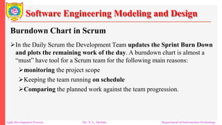 Software Engineering Modeling and Design
Burndown Chart in Scrum
In the Daily Scrum the Development Team updates the Sprint Burn Down
and plots the remaining work of the day. A burndown chart is almost a
“must” have tool for a Scrum team for the following main reasons:
monitoring the project scope
Keeping the team running on schedule
Comparing the planned work against the team progression.
Agile Development Process Mr. N. L. Shelake Department of Information Technology
 