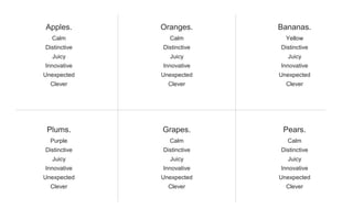 Calm
Distinctive
Juicy
Innovative
Unexpected
Clever
Oranges.
Calm
Distinctive
Juicy
Innovative
Unexpected
Clever
Apples.
Yellow
Distinctive
Juicy
Innovative
Unexpected
Clever
Bananas.
Calm
Distinctive
Juicy
Innovative
Unexpected
Clever
Grapes.
Purple
Distinctive
Juicy
Innovative
Unexpected
Clever
Plums.
Calm
Distinctive
Juicy
Innovative
Unexpected
Clever
Pears.
 