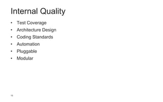 15
Internal Quality
• Test Coverage
• Architecture Design
• Coding Standards
• Automation
• Pluggable
• Modular
 