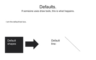 If someone uses draw tools, this is what happens.
Defaults.
I am the default text box.
Default
shapes
Default
line:
 